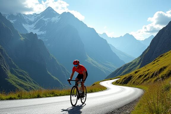 Ciclista professionista che si allena su una salita alpina con uno scenario mozzafiato