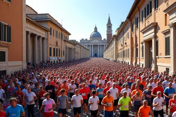 Folla di corridori energici durante la Maratona di Roma