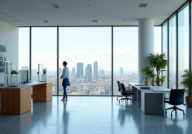 Interno luminoso e moderno dell'ufficio di Gelo Attivo a Milano con vista sulla città.